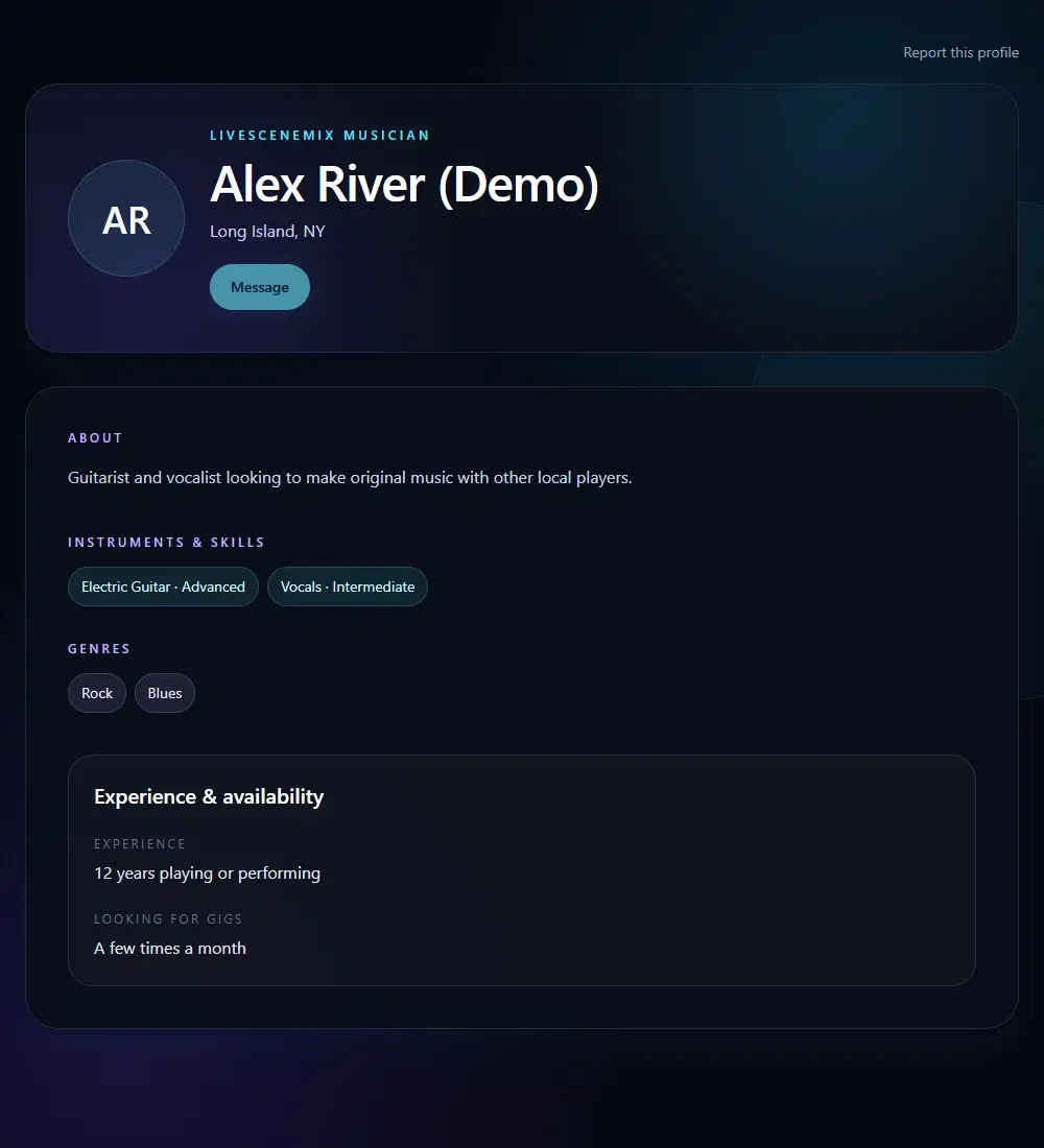 Demo public Musician Profile showing instruments, genres, experience, and profile details.