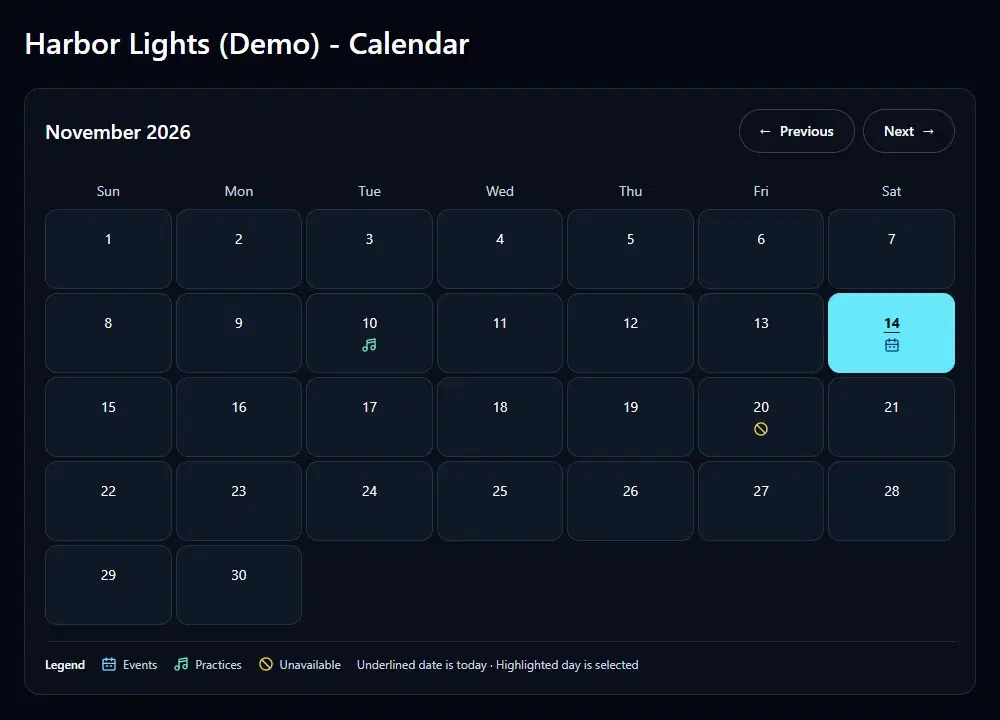 Demo Project calendar with a gig, a practice, and member unavailability marked on different dates.