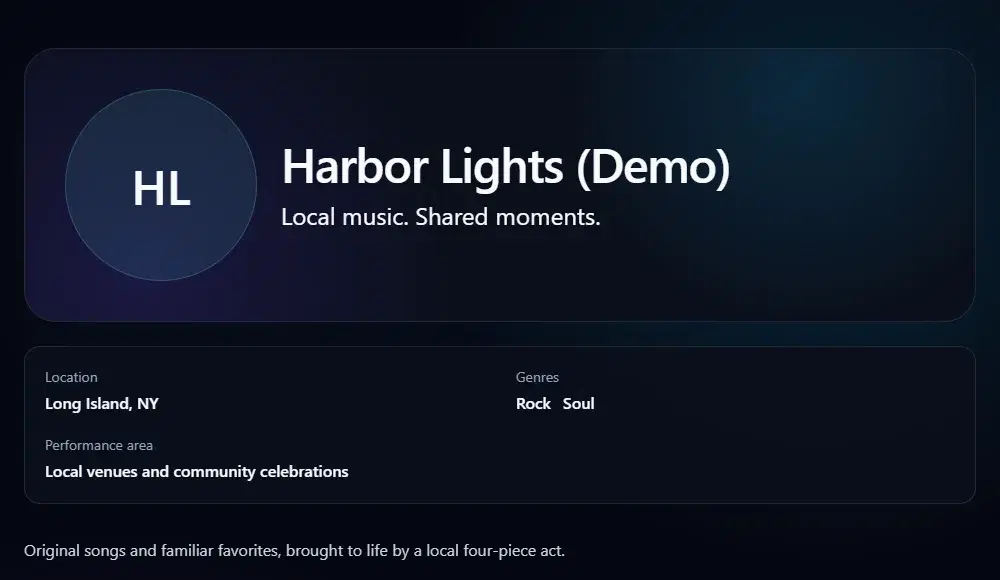 Demo public Bands & Acts profile showing an act description, location, and musical genres.