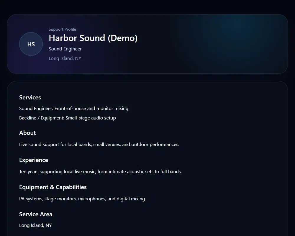 Demo public Support Profile showing sound engineering services, experience, and equipment capabilities.